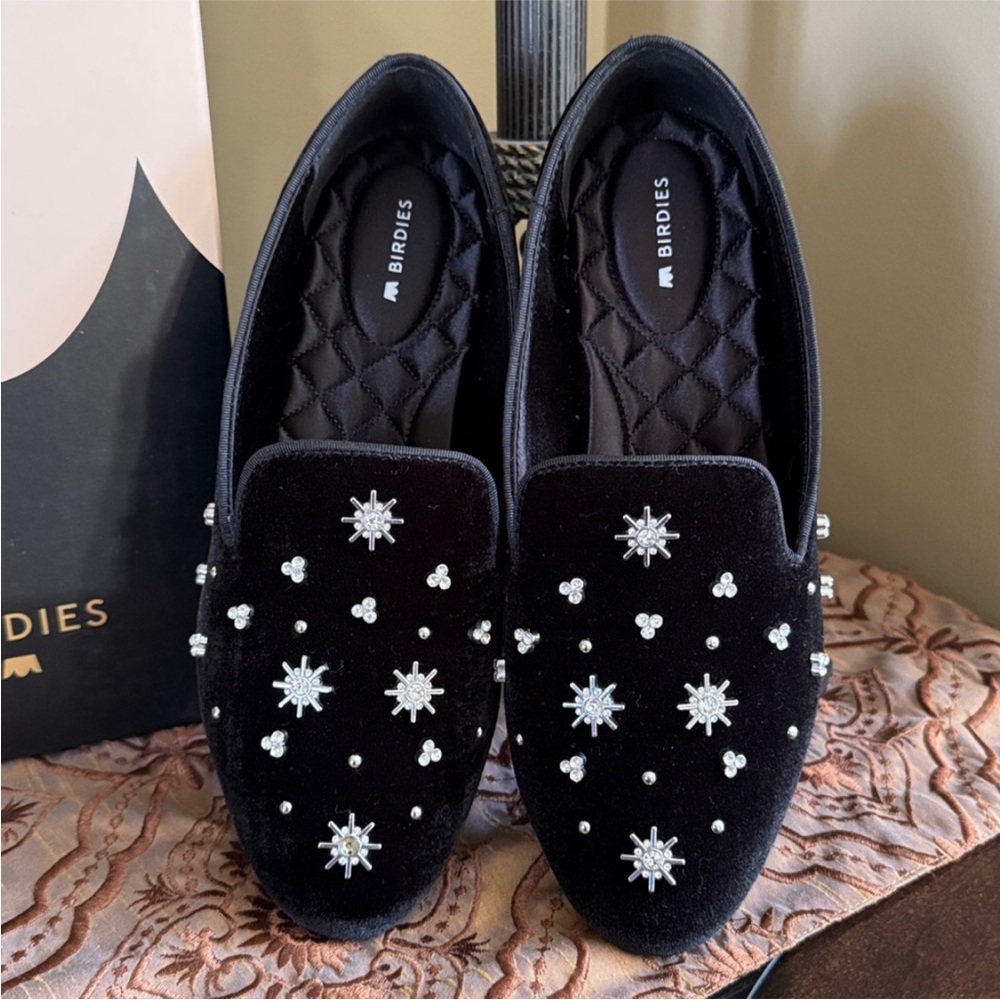 Birdies Women's Black Velvet Loafers with Crystal Embellishments ~ Sz 7.5 - Picture 4 of 16